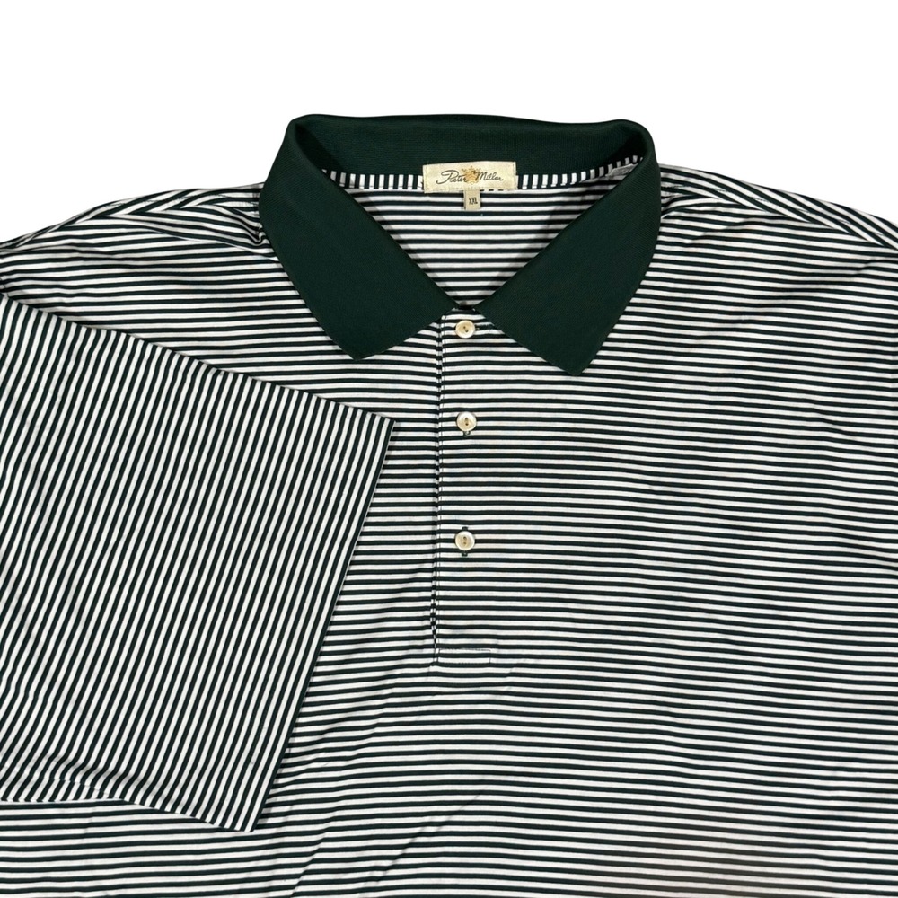 Peter Millar Polo Shirt Mens XXL Green White Striped Mercerized Cotton Golf Prep